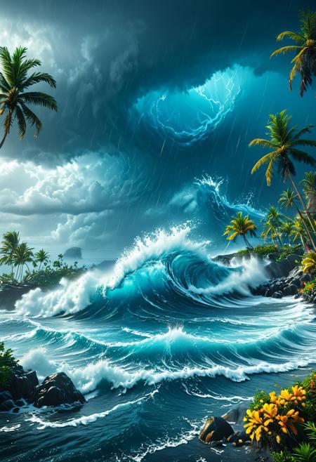A forceful tempest sweeps over an ocean shoreline, featuring massive waves, palm trees bending under the force, and ominous dark clouds. This detailed, vivid matte painting showcases a fantastical scene with intricate details, creating a captivating splash screen. The harmonious use of complementary colors enhances the overall fantasy concept art, which has become a popular trend on Artstation, utilizing Unreal Engine 5 and showcased in 8K resolution.