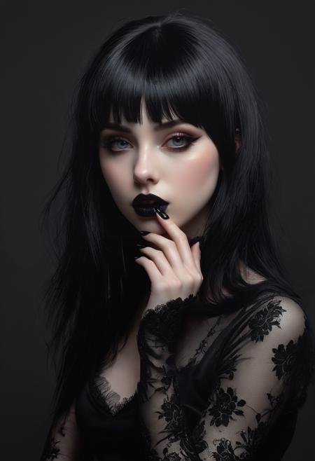 (masterpiece, best quality, hyper detailed, ultra realistic, 32k, RAW photo) E-girl, fully body, black hair, bangs hairstyle, pale skin, high detail, highly detailed, digital painting, blank background, black fingernails on fingers, black lipstick, perfect composition and chiaroscuro by Rembrandt, concept art, by Jarek Kubicki, by Raphael Lacoste, John Pitre, Karine Eibatova, by Ralph Blakelock, by Julie Bell, by Jim Warren, by Aleksey Savrasov, <lora:Desolation:0.3>