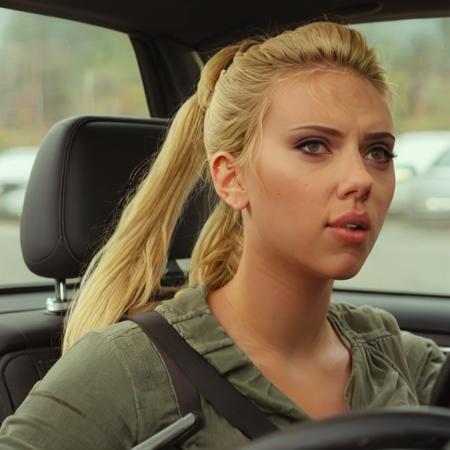 scarlettjohansson, blonde, ponytail, driving in a car, side shot <lora:scarlettjohansson:1>