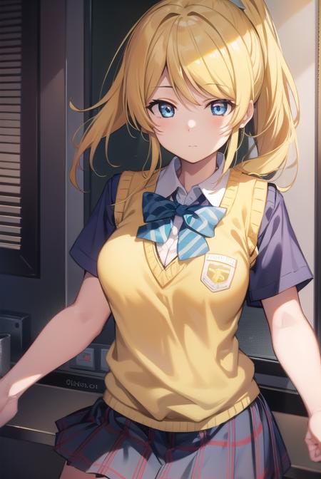 eliayase, <lora:eliayase-lora-nochekaiser:1>, 
eli ayase, yellow hair, blue eyes, ponytail, hair ribbon, 
BREAK otonokizaka school uniform, pleated skirt, school uniform, short sleeves, skirt, summer uniform, sweater vest, (yellow sweater vest:1.5),
BREAK looking at viewer,
BREAK indoors, classroom, 
BREAK <lyco:GoodHands-beta2:1>, (masterpiece:1.2), best quality, high resolution, unity 8k wallpaper, (illustration:0.8), (beautiful detailed eyes:1.6), extremely detailed face, perfect lighting, extremely detailed CG, (perfect hands, perfect anatomy),