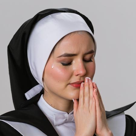 hires digital photo, photorealism, simple background, face focus, close up, from side, od3tt3b@1u, head tilt up, one hand over own forehead, palm out, eyes closed, tears, nun habit, head dress <lora:Odette_Balu_Transylvania_65000_Geena_Davis_XL:1> , intricate details, high resolution,