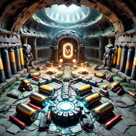a forgotten coliseum where robots duel for stored charge, arena floor paved with spent batteries, neon signage blinking in forgotten scripts, crowds of broken units watching silently, electric vines growing from the walls, B4TT3R13S, made of batteries
