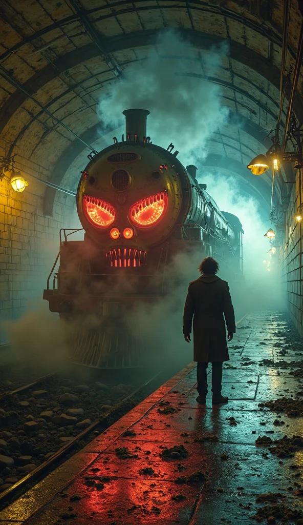 A dramatic underground railway tunnel scene featuring a massive steam locomotive with a menacing face-like front facade glowing like demonic eyes while billowing steam engulfs the arched stone ceiling. The engine's metal body dominates the brick-lined tunnel, while a solitary figure in a long dark coat stands on the wet platform, silhouetted against the locomotive.