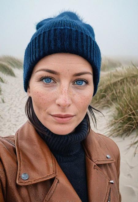 Stunning analogue photo of a beautiful 44 years old Dutch woman, making a selfie to send to her boyfriend, sweater, leather jacket, beanie, perfect face, absolute beauty, sexy pose, natural raven black hair, ponytail, blue eyes, freckles, freckles and moles all over body, absolute perfect tits, big tits, soft natural tits, Dunes along the Dutch coastline, early morning, very foggy, soft natural early morning light, ultra realistic, extremely detailed