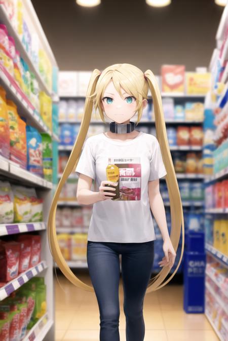 rtachan,indoors, convenience store,pants,twintails,very long hair, collar,t-shirt,looking to the side,  <lora:rtachan:1>