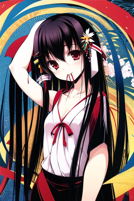 1girl, solo, red eyes, mouth hold, black hair, japanese clothes, ribbon, kimono, ribbon in mouth, string, hair ribbon, hair ornament, looking at viewer, collarbone, long hair,  <lora:tenmu:0.9>