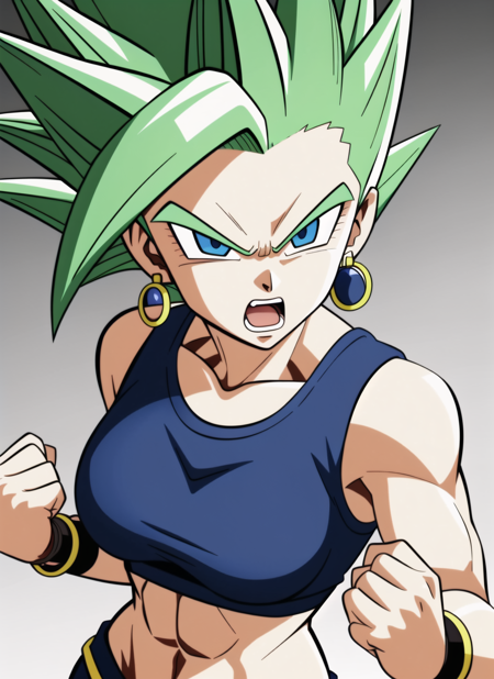 dbsuper style, 
1girl, super saiyan, solo, jewelry, earrings, crop top, green hair, spiked hair, open mouth, angry, blue eyes, breasts, muscular, clenched hands
, ((masterpiece)) 
<lora:dbsuper_style_offset:1>