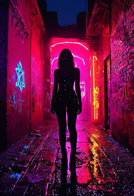 A desolate urban alleyway, spray-painted with sigils and symbols, where a modern coven meets under the neon lights. The contrast of the urban setting with the ancient ritual creates a striking juxtaposition., 
in the style of a vintage, high-contrast setting, capture the essence of a campy and sensual satanic ritual. Emphasize theatrical elements with bursts of bright colors against dark, moody backgrounds
,grim landscapes with vibrant exaggerated neon colorful art, 
, old 80's VHS dark fantasy, VHS screen grab, grainy, old footage