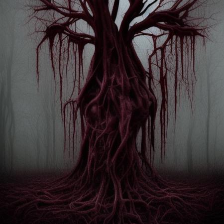 A tree made of flesh and blood, visceral vines, dendrophobia, gore, bodyhorror, dark haunted forest, bloody landscape, wet, dripping, dread, horror, gross