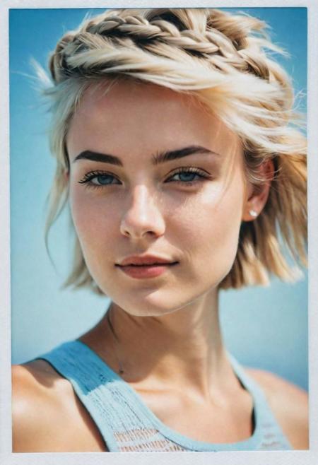 polaroid photograph Color i-Type Film, portrait, 1 girl, blonde, short hair with small braids, perfect eyes, pointed jaw, sky blue cropped tank top, white wall in the background, natural light.