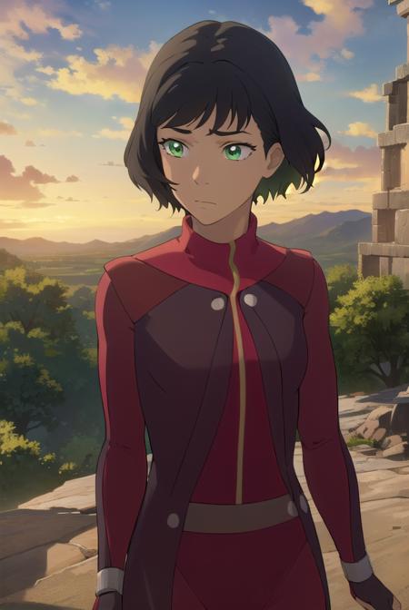 avataropal, <lora:avatar opal-lora-nochekaiser:1>,
opal, short hair, black hair, (green eyes:1.2), dark skin, dark-skinned female,
BREAK gloves, boots, fingerless gloves, uniform, turtleneck, (red uniform:1.5),
BREAK outdoors, forest, nature, grass, trees, sun, sky, clouds,
BREAK looking at viewer, (cowboy shot:1.5),
BREAK <lyco:GoodHands-beta2:1>, (masterpiece:1.2), best quality, high resolution, unity 8k wallpaper, (illustration:0.8), (beautiful detailed eyes:1.6), extremely detailed face, perfect lighting, extremely detailed CG, (perfect hands, perfect anatomy),