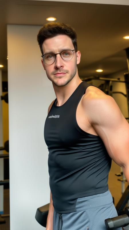 handsome guy, realistic, <lora:DoctorMike:0.8>, DoctorMike, male focus, masculine, male, 1boy, european man, facial hair, (ultra_realistic), eyeglasses, upper body, broad shoulder, tank top, muscular_male, indoors, fitness room, gym, look looking at viewer,, (masterpiece,best quality:1.5)