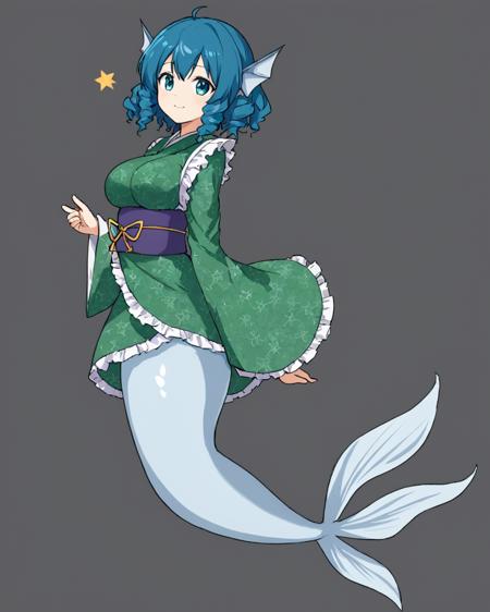 wakasagihime,alphes_\(style\), 1girl, style_parody, solo, mermaid, head_fins, smile, transparent_background, wide_sleeves, long_sleeves, closed_mouth, full_body, looking_to_the_side, frilled_kimono, large_breasts, green_kimono, obi, medium_breasts
<lora:wakasagihime_image2628_2023-12-20-000008:1>,star-shaped_pupils,symbol-shaped_pupils,. gorgeous,key visual, vibrant, studio anime,award-winning, professional, highly detailed,high budget, cinemascope