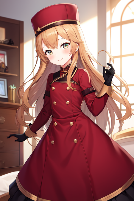 russian dress, 1girl, solo, long hair, looking at viewer, hat, long sleeves, gloves, papakha, blush, smile