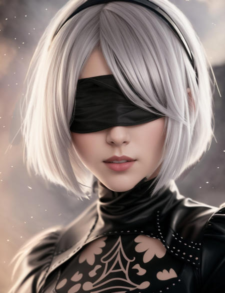 a woman, 2B, black blindfold, detailed, detailed dress, posing, by conor harrington <lora:2B:0.75>, (Artstation:1.3), (intricate:1.1), (elegant:1.1), (highly detailed:1.2), (great eye detail:0.7), (glowing eyes:0.5), (digital painting:1.2), (smooth:1.1), (sharp focus:1.2), (illustration:1.1), (3d:0.9), (3d_bacground:0.9), 8 k., ,"(intricate details:0.9), (hdr, hyperdetailed:1.2)