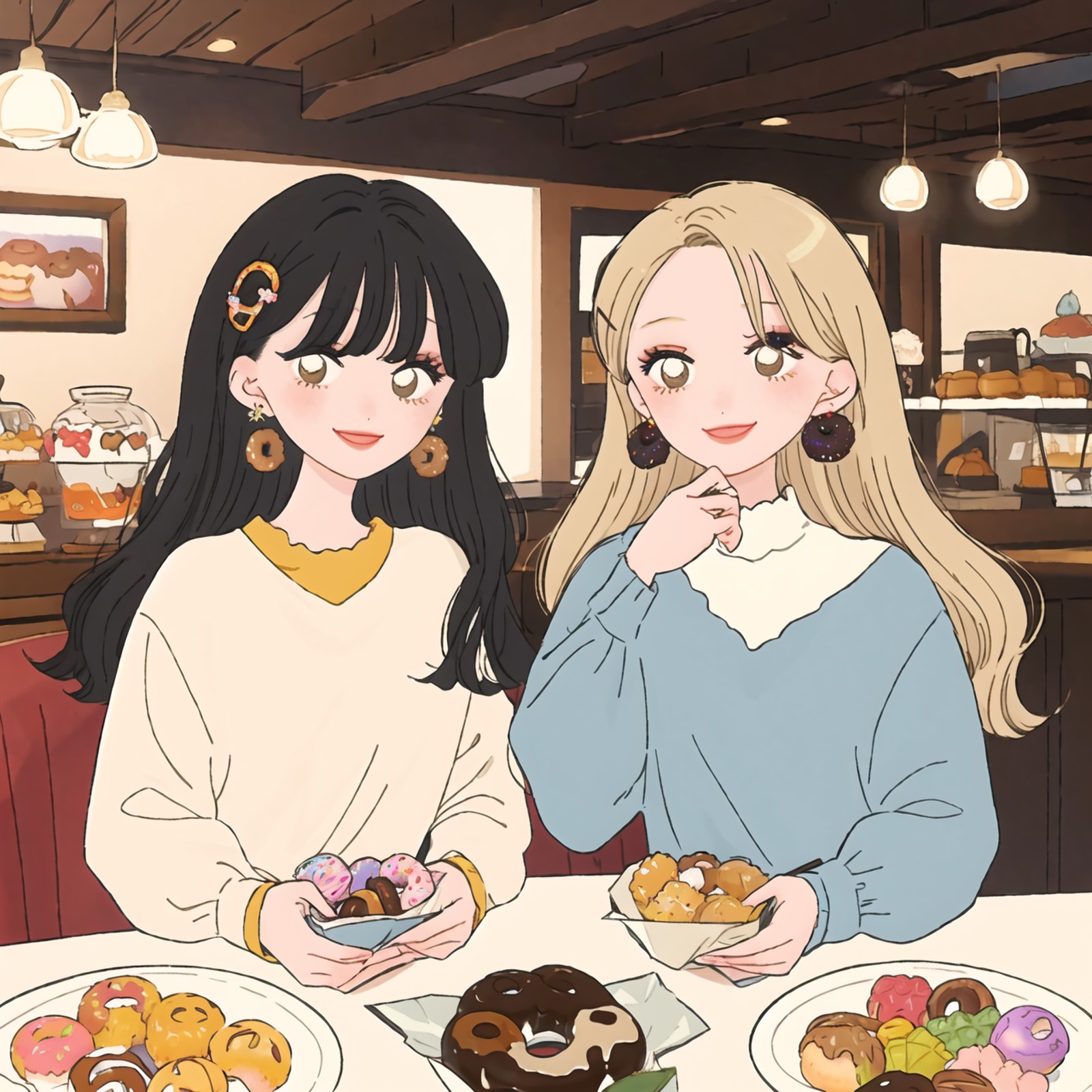 (best quality, masterpiece, highres),2girls,wavy hair,centre parting bangs,smile,homewear,hairpin,earrings,food,doughnut,s...