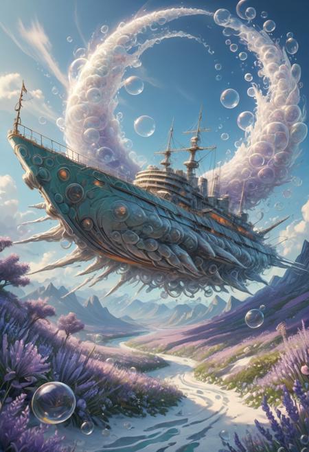 A breathtaking, hyperrealistic digital painting, a surreal, dreamlike landscape, rendered in a whimsical pastel color palette. The planet’s surface is intensely marbled with swirling patterns of lighter and darker hues, radiating a soft, diffused glow from below, casting ethereal shadows across the scene. A prominent, intensely bright circular halo of shimmering white and light purple radiates outwards, framing the planet and creating an otherworldly aura. Below, a sinuous, winding path constructed of polished, smooth crystal material spirals downwards towards the viewer, leading into a dense, swirling bubble field – countless iridescent bubbles in shades of white, lavender, shimmering blue, and emerald green float freely, creating a hazy, dreamlike atmosphere. A sleek, battle-scarred, futuristic scout ship pierces through a turbulent, alien atmosphere, its polished silver hull and orange thrusters contrasting against a hazy, luminous planet enveloped in swirling blue and green clouds, dramatic volumetric lighting emphasizing its speed and power, creating a sense of vastness, adventure, and intense exploration – 8k resolution, trending on ArtStation.
