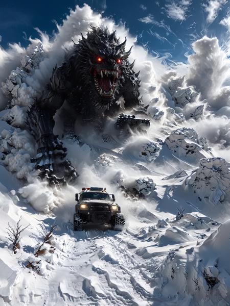(gigantic evil monster avalanche:1.1) ,chasing a snow vehicle, close up, desert place, (foot steps on snow:1.1), windstorm, snow-covered, futuristic atmosphere, extremely detailed, cinematic light, masterpiece, OverallDetail-SDXL, <lora:add-detail-xl:1>, <lora:xl_more_art-full_v1:0.5>, <lora:Radiant_Darkness:1> ,<lora:Desolation:0.4>,ice vapor,dark light,morning light ,<lora:Sinister_Style_SDXL:0.6>, <lora:aesthetic_anime_v1s:0.7>