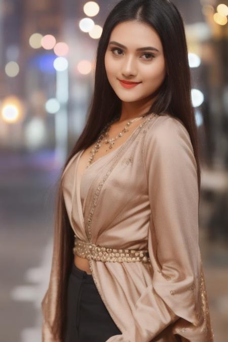 a photo of a 20-year-old woman, stylish, professional portrait, head-shot, slight smile, cute, night street background bokeh,hasselblade camera, 85mm lens,detaid fase, sharp focus on face,  kajalcha <lora:kajalcha-000001:1>