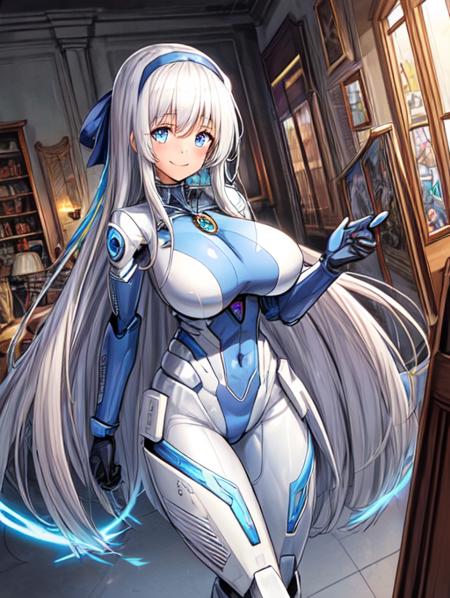 comic, graphic illustration, comic art, graphic novel art, vibrant, highly detailed, <lora:Detail - add_detail:0.2>, Mylene, white hair, long hair, cybor, mecha, bodysuit, glowing, blue eyes, blue hair ribbon, pendant, <lora:Character - MyleneV2:0.8>, sci-fi room, stoic, smile,