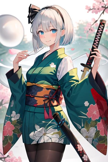 best quality, masterpiece, highres, solo, {konpaku_youmu_touhou:1.15}, short_hair, ribbon, hairband, black_hairband, hair_ribbon, black_ribbon, bangs, white_hair, vest, blue_eyes, green_vest, sword, katana, hitodama, bow, blush, upper_body, black_bow, grey_hair, 1girl, alternate_costume, japanese_clothes, kimono, looking_at_viewer, colored_eyelashes, floral_print, hair_between_eyes, long_sleeves, obi, sash, wide_sleeves, closed_mouth, blurry, blurry_background, smile