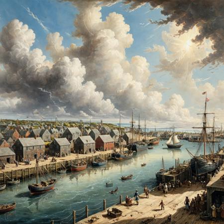 An epic, highly detailed artwork of a dramatic Nantucket harbour in the 18th century. create a busy wharf and dockside with warehouses, markets and housing, cumulus cloud, sunshine, coloured ink on parchment.  