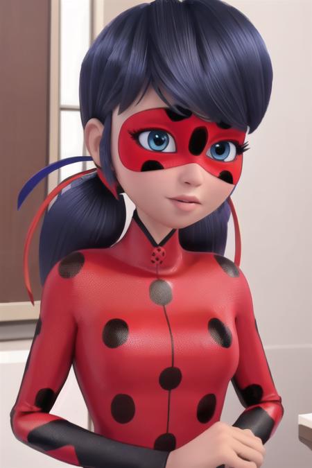 (8k, RAW photo, best quality, masterpiece:1.2), (intricate details), perfect eyes, perfect face, perfect lighting, beautiful, (masterpiece:1.2), (best quality:1.2), 1girl, solo, marinette, ladybug, blue hair, ponytails, red and black mask, lady bug outfit, <lora:marinette-10:0.9>