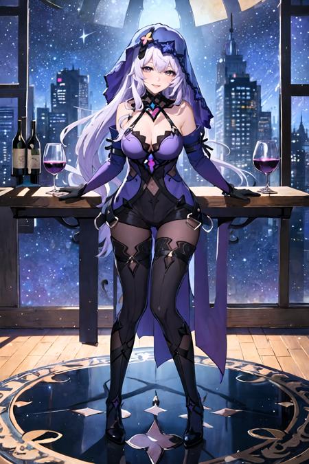 black swan \(honkai: star rail\) black gloves, veil, thigh boots, detached sleeves, purple halter dress, (pantyhose), short shorts, detached collar