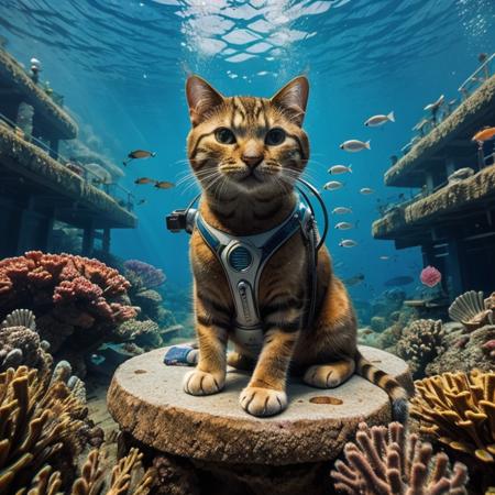 (cinematic, perfect quality:1.3), a portrait of (animal, cute cat:1.3) floating in the deep sea, <lora:SpaceKnights5:0.3> javanese transparent ancient helmet,  <lora:spacesuit3:0.5> javanese ancient spacesuit,  <lora:ocean2:0.3> cyberpunk ocean background, sea, fish, corals