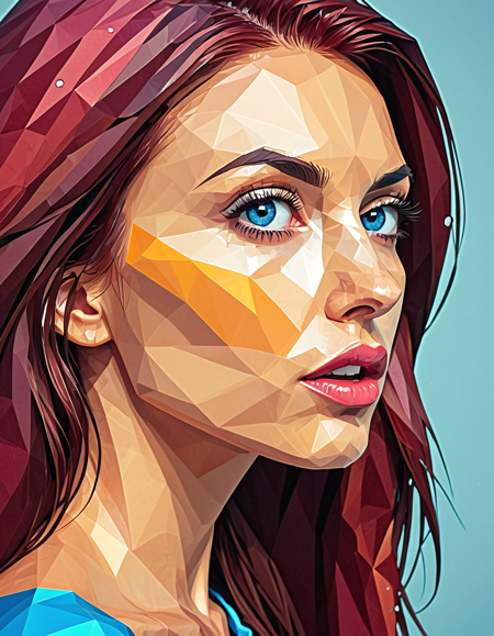polygon style, low-poly animal, angular shape,
face close up,
geometric womans face,
model face, pretty,
wet dark red hair, thick long hair,
head tilt, blue eyes,
large eyes, big plump lips, small nose, blush, 
45º angle, profile, 
clean polygon edges, symmetrical design, digital art,
<lora:Polygon_Lora_XL:1>
background polygonal sunset, bright colors, tan, tshirt
