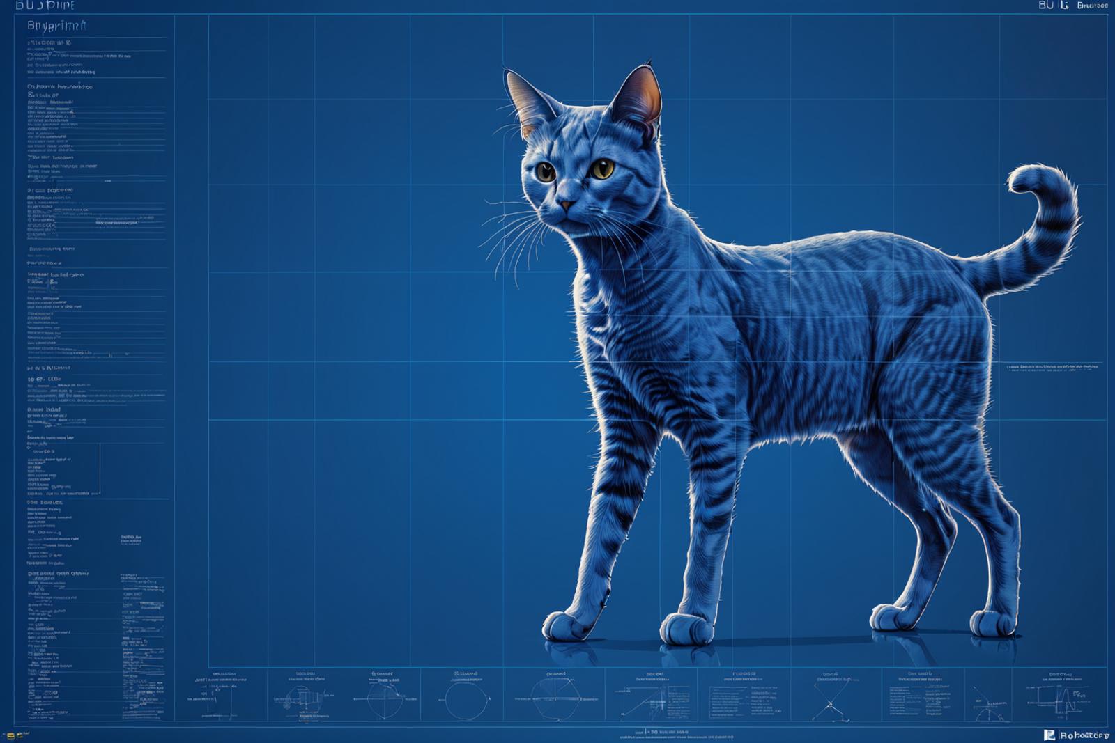 A blue cat with yellow eyes standing on its hind legs in front of blue background.