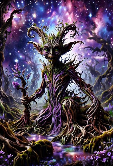 Ever Growing Connections, vibrant colors, vivid colors, Goblin made out of morph-treeroots, in a swamp, holding sprigs of lavender, large eyes, big ears,  sharp teeth,  dramatic, galaxy fantasy colors, Masterpiece, best quality, amazing quality, volumetric lighting, SFW, exquisite detail, digital art, highly detailed, beautiful, surreal,
