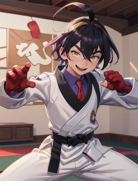 best quality, masterpiece, highres, detailed, digital artwork, <lora:Detail - add_detail:0.2>, JudoCh, dougi, black belt, white pants, dojo,  <lyco:Change - JudoCh:0.8>, fighting stance, KieranSuguri, red gloves, black hair:2, purple highlights, yellow highlights, 1boy, yellow eyes, evil smile,  <lora:Character - KieranSuguri:0.8>