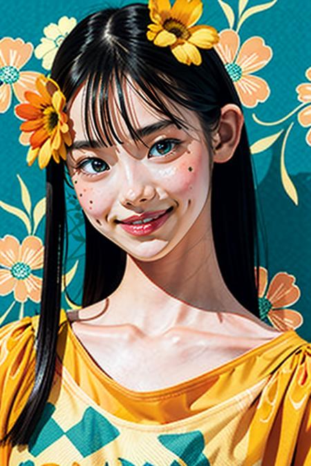 (best quality,masterpiece:1.2),high detail,photo realistic,(((1girl))),F2.4,((from below)),kohaku,18 years old girl,<lora:kohaku_v01-000006:1>,(((upper body))),((bangs)),black hair,bright skin,long hair,(((flat chest))),((face focus)),(perfect face:1.3),bright lighting,beautiful detailed eyes,(beautiful detailed nose),(extremely detailed face:1.2),(white high neck braus),perfect lighting,((standing)),front -face,good face,smile,(closed mouth),((wind lift)),(wind from front),looking at viewer,tilt the head,yellow,orange,pink,geometric pattern,a lot of flowers behind,hair bun,((flower textile background)),((teal background)),