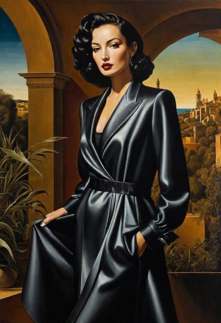 high quality, highly detailed, painting involves blending classical elegance with a contemporary twist, The focal point is an enigmatic figure inspired by film noir protagonists, positioned against a backdrop of nature and urban sophistication, Employing chiaroscuro techniques akin to Caravaggio, the play of light and shadow adds mystery and intimacy, The attire combines classical and modern fashion, with intricate details reflecting haute couture craftsmanship, Surreal elements drawn from Salvador Dal's style create a dreamscape around the figure, The color palette harmonizes rich tones and pastels, awesome full color,