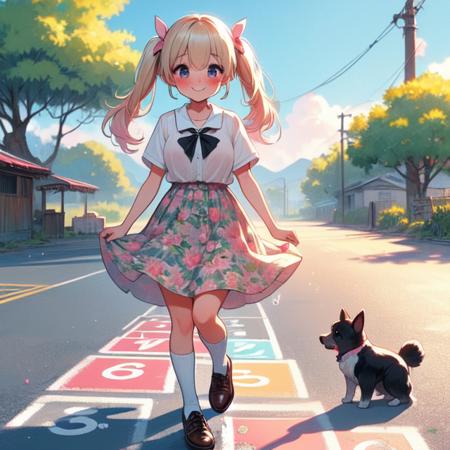 (((masterpiece))),  (((best quality))),  hopscotch,  hopping on ground in park,  numbers in white large grid,  pink fluttering floral skirt,  black stocking,  leather shoes,  banyan,  countryside,  ((utility pole)),  solo,  1girl,  big tits,  hot,  sweat,  ribbon,  blond twintail,  smile,  shy,  blush,  dog,  school,<lora:EMS-276124-EMS:1.000000>