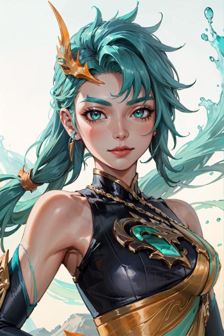 lagoon dragon kai'sa, 1girl, bodysuit, detached sleeves, hair ornament, bare shoulders, aqua hair, solo, detailed face, looking at viewer, upper body, (masterpiece:1.2, best quality)