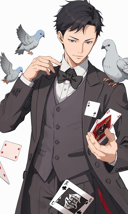 1male,tianqi, stage,magician,Pigeon in shoulder,magician, Playing card,Beautiful Lighting,face,masterpiece, best quality, <lora:tianqi-v2:1>