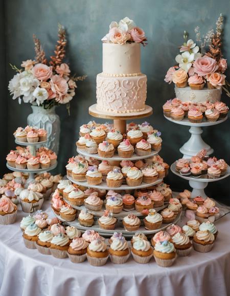 A modern dessert bar showcasing a variety of gourmet cupcakes with intricate frosting designs, macarons in pastel colors, and a tiered cake topped with edible flowers.