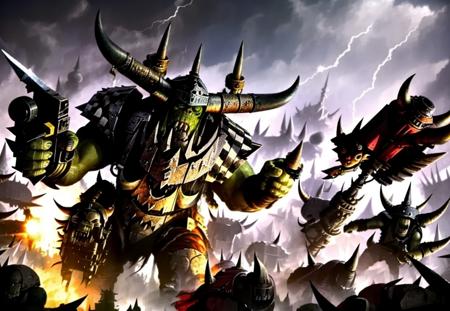 masterpiece,best quality,extremely detailed CG wallpaper, ultra_detailed,(high quality+high quality),warhammer40k,ork,two eyes,a warhammer with a huge horned head and a huge sword in his hand, in front of a large group of other warhammers, cloud, cloudy_sky, weapon, lightning, armor, city, helmet, horns, sky