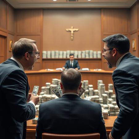 a picture from back point of view of two lawyers yelling and spitting from shouting mouth at the court with handful of money, a judge sitting in the center of the courtroom with nice and neat huge piles of money in the back of the judge