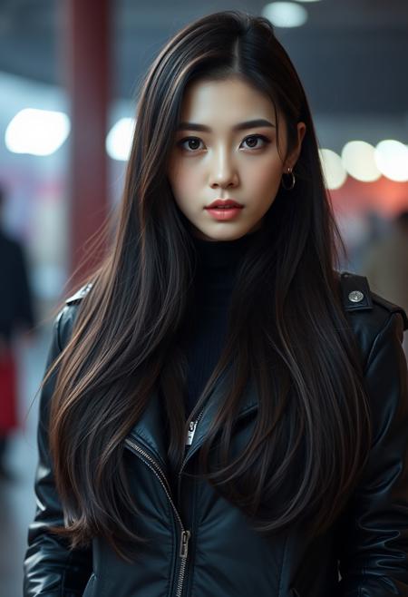 there is a woman with long hair wearing a black jacket, park shin hye as a super villain, jiyun chae, portrait of female korean idol, kim jung giu, female actress from korea, by Zhou Wenjing, korean women's fashion model, gorgeous young korean woman, dilraba dilmurat, beautiful young korean woman, whitebangsblackhair