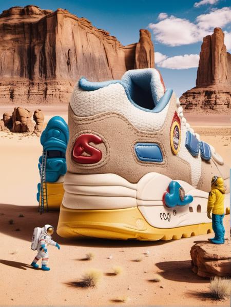 AI shoes, desert, day, outdoors, sky, multiple boys, astronaut, cloud, a pair of shoes with a giant shoe on top of it in the desert with a man standing on top of one of them, building, blonde hair, sand, scenery, city