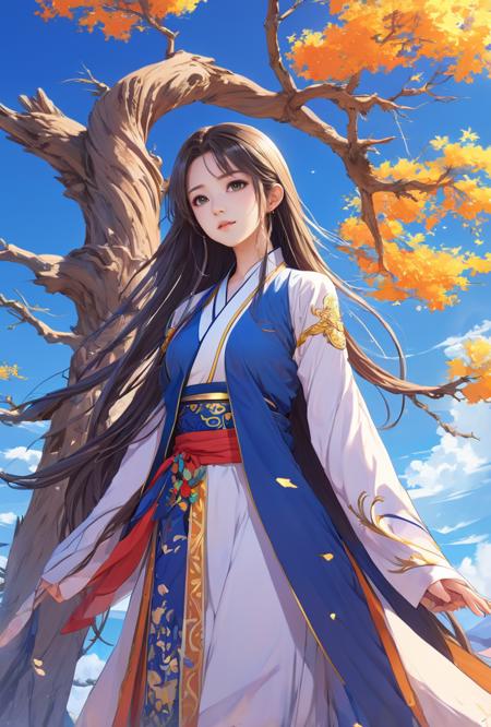 anime artwork of 1girl,nsfw,long hair,cinematic_lighting,sidelight,<lora:huyang_XL_0_:0.6>,huyang,the dead tree in the background,blue sky,blue sky,hanfu,tang style,, anime style, key visual, vibrant, studio anime,  highly detailed