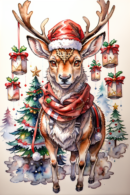 RagingReindeerSplash, solo, looking at viewer, simple background, hat, white background,  scarf, animal focus, anthro, no humans, suspenders, christmas, red headwear, furry, antlers, furry male, reindeer, EarthXmasSplsh, <lora:RagingReindeerSplash:0.8>