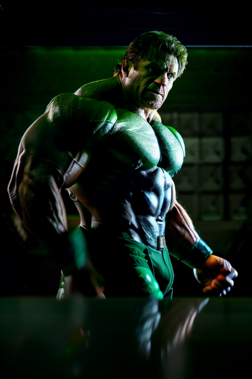 award winning photo of the incredible hulk posing in a dark studio, (rim lighting,:1.4) two tone lighting, green hue, octa...