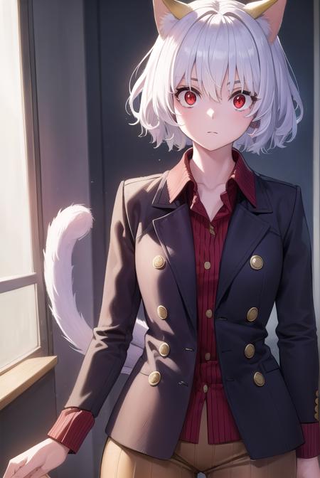 neferpitou, <lora:neferpitou-lora-nochekaiser:1>,
neferpitou, short hair, (red eyes:1.5), animal ears, hair between eyes, tail, white hair, cat ears, cat tail, cat girl, curly hair,
BREAK long sleeves, shorts, striped, buttons, brown shorts, shirt, collared shirt, blue shirt,
BREAK looking at viewer,
BREAK indoors, classroom, (cowboy shot:1.5),
BREAK <lyco:GoodHands-beta2:1>, (masterpiece:1.2), best quality, high resolution, unity 8k wallpaper, (illustration:0.8), (beautiful detailed eyes:1.6), extremely detailed face, perfect lighting, extremely detailed CG, (perfect hands, perfect anatomy),