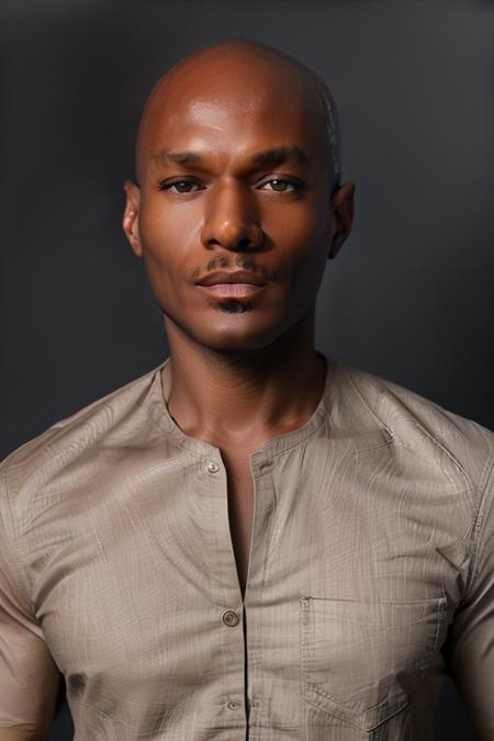 <lora:rhyheimsv3:1> rhyheims, black man, bald, dark skin, brown eyes, professional studio quality modeling headshot, 4K, simple dark background, dramatic lighting, neutral expression, realistic skin, fine detail, shirt, ultra realistic photograph, professional photograph, by Gucci photographer.