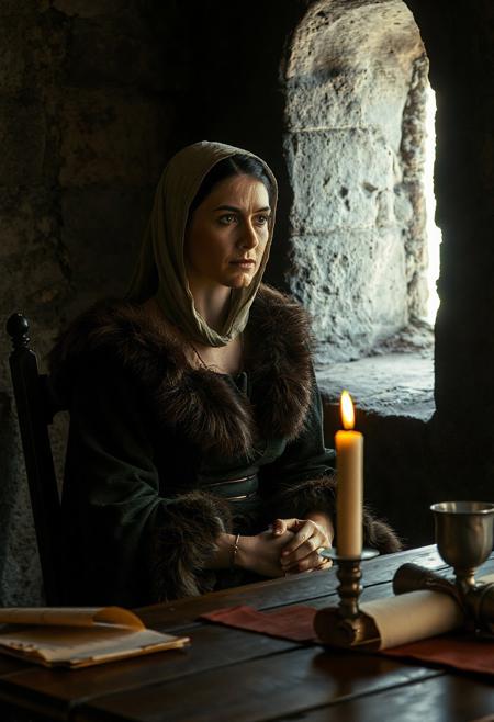 A cinematic scene from a medieval historical film. A noblewoman in her late 30s or early 40s sits silently in a dimly lit stone chamber. She wears a dark green wool gown with brown fur trim and a simple linen headscarf. Her features are mature but graceful, with a calm and reflective expression. Her hands rest folded in her lap. A candle flickers on a wooden table beside parchment scrolls and a pewter goblet. Soft, natural lighting from a narrow arched window casts gentle shadows. The style is realistic, serious, and grounded in 13th-century Europe, resembling a frame from a high-budget medieval film.