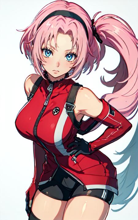 <lora:WesternAnimeLike:1.1> 
1girl, haruno sakura, solo, pink hair, green eyes, gloves, breasts, elbow gloves, black gloves, short hair, shorts, hand on hip, white background, lips, sleeveless, bike shorts, simple background, smile, large breasts, looking at viewer, zipper, bare shoulders, dynamic pose, hairband, cowboy shot, thighs, leaning forward, forehead protector, zipper pull tab, red shirt
((perfect face)), very deep eyes, (cinematic lighting), detailed eyes, best quality, bishoujo, sidelight, highres, (intricate details),